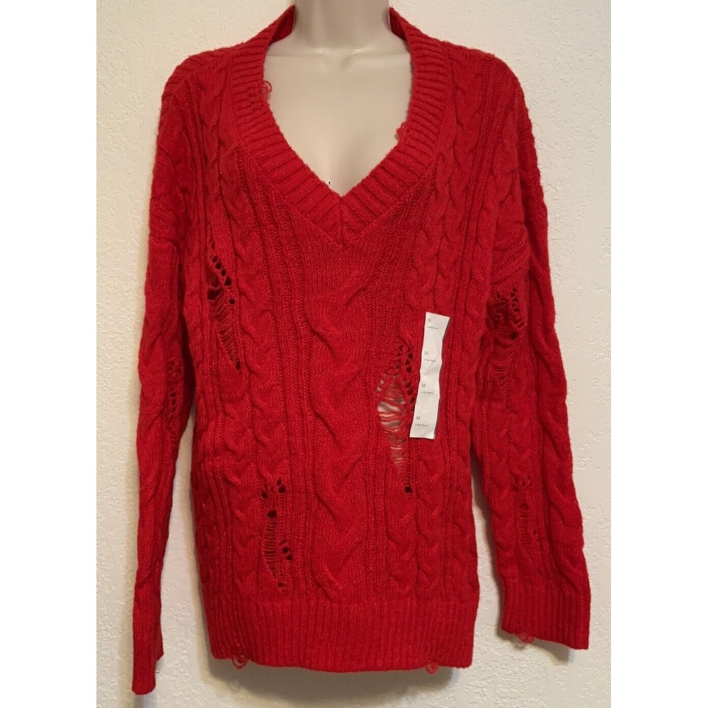 Wild Fable Womens Red V Neck Destructed Pullover Sweater Size M